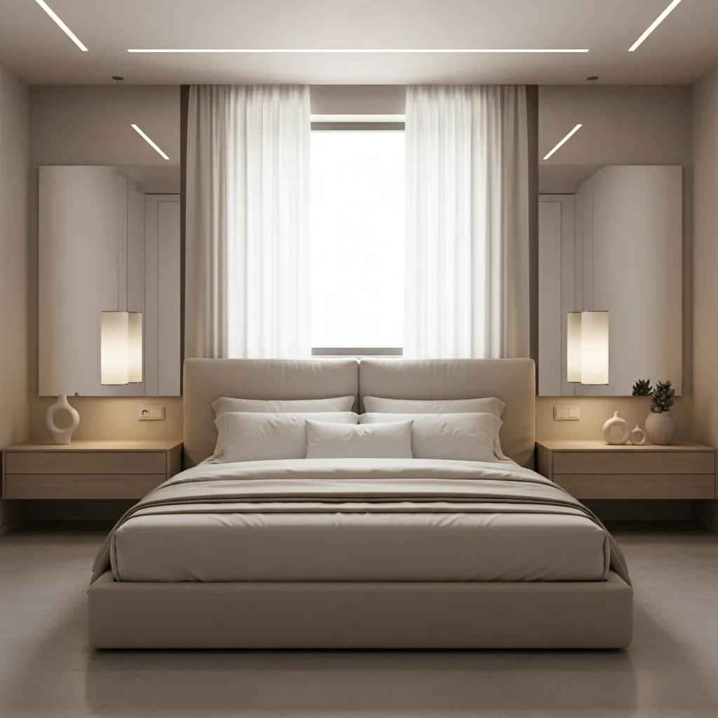 Symmetrical bedroom layout with matching nightstands and lamps