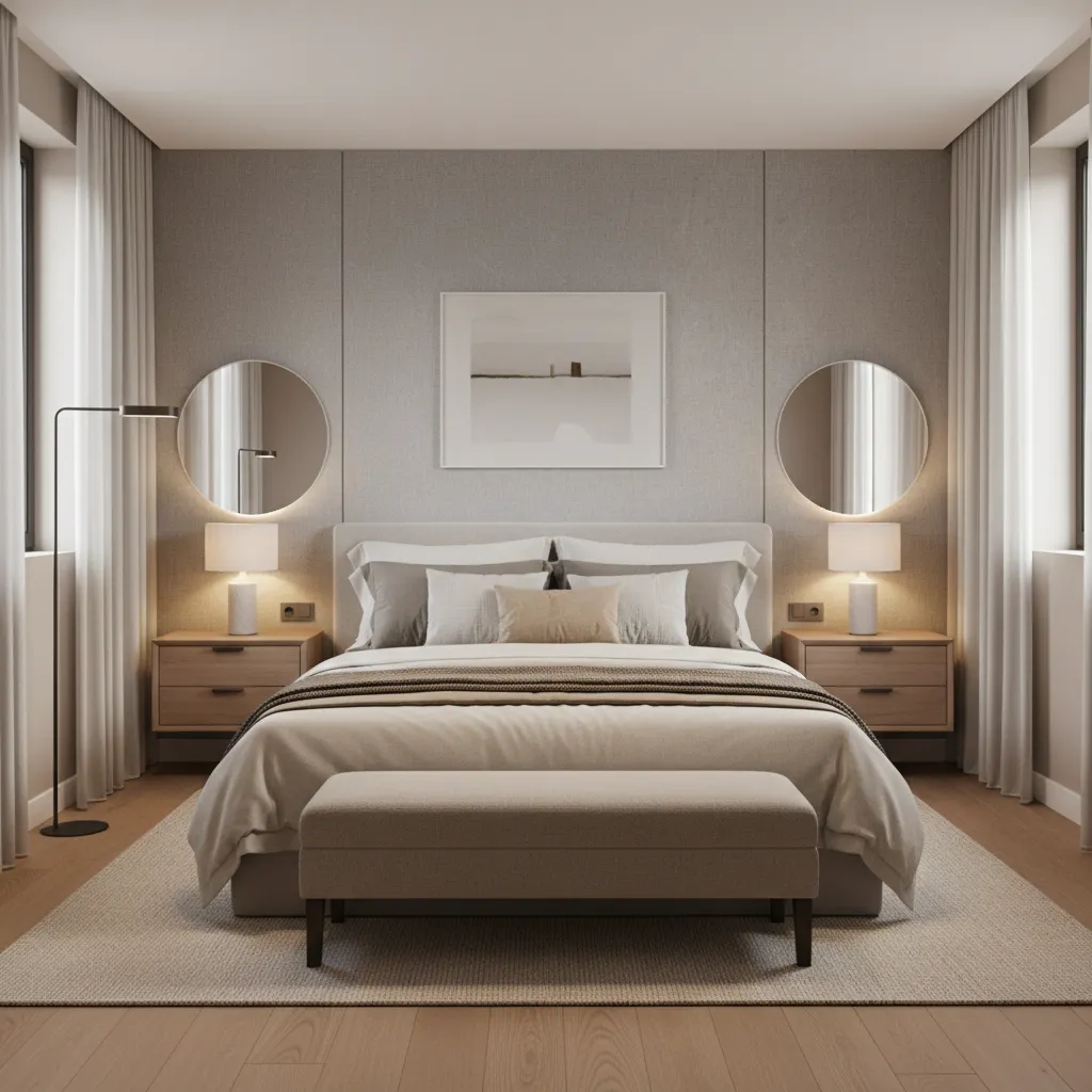 Balanced bedroom layout with clear walking paths and symmetrical furniture
