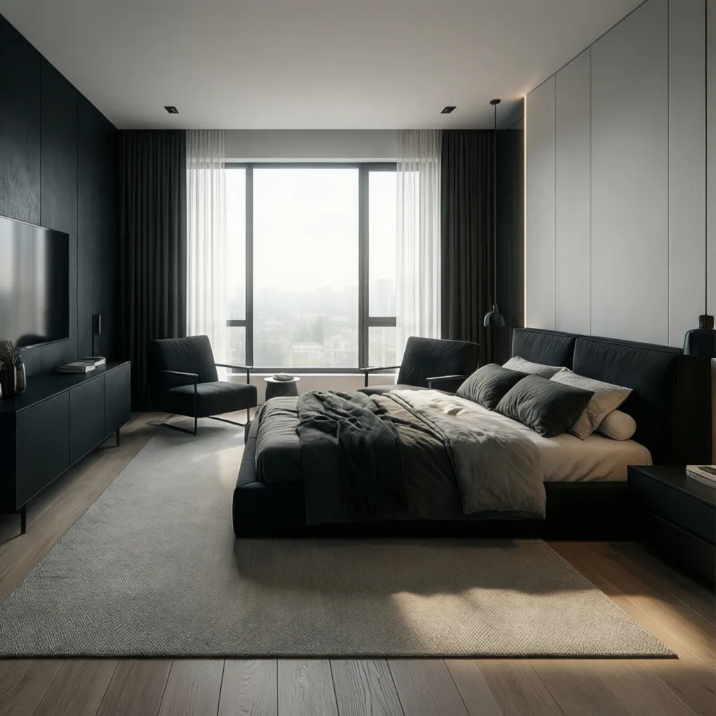 Balanced bedroom layout with black furniture and natural light flow