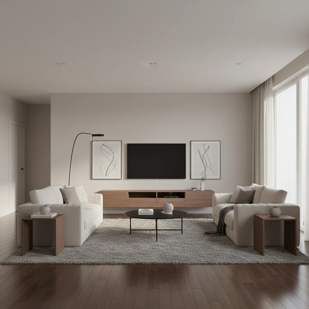 Neutral living room with balanced black accents and cream furniture