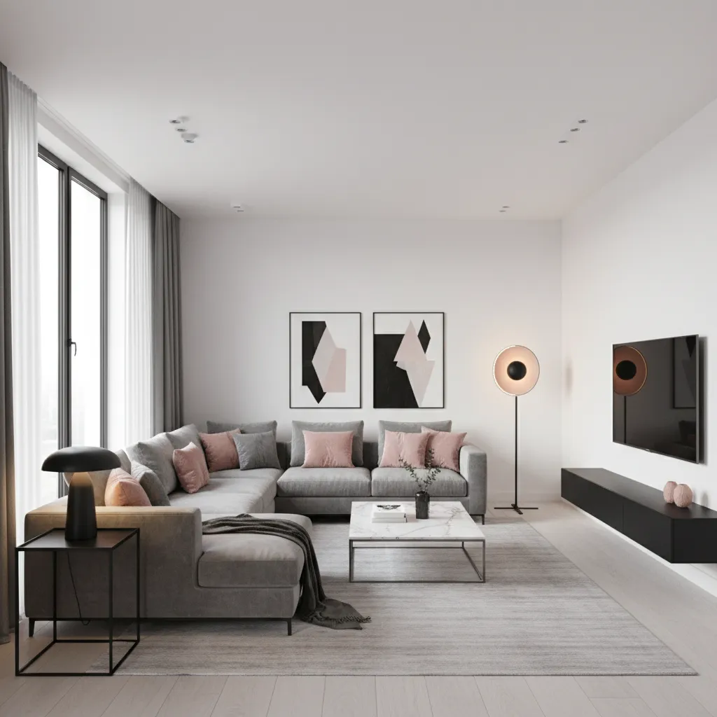 Modern living room featuring grey sofa pink pillows marble coffee table and wall art decor