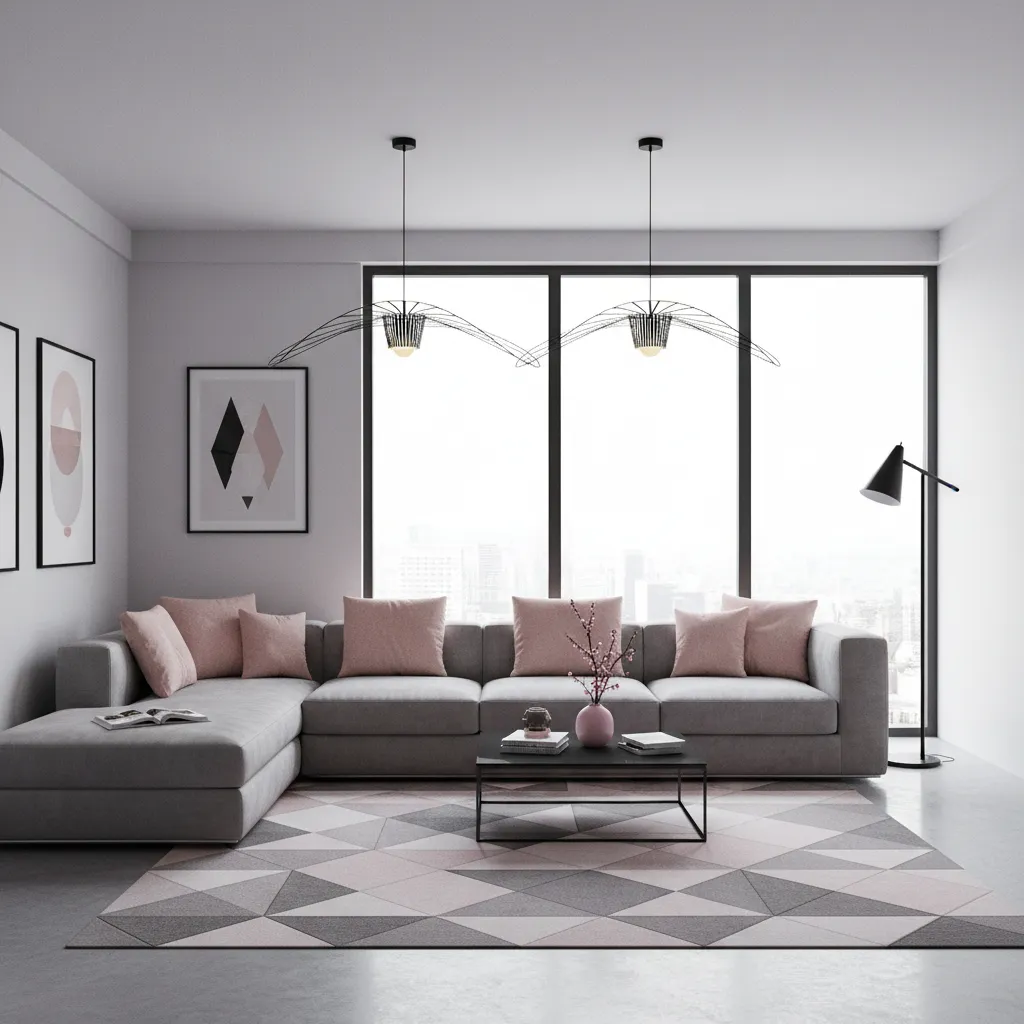 Modern living room with grey sofa pink pillows geometric rug floor lamp and large windows