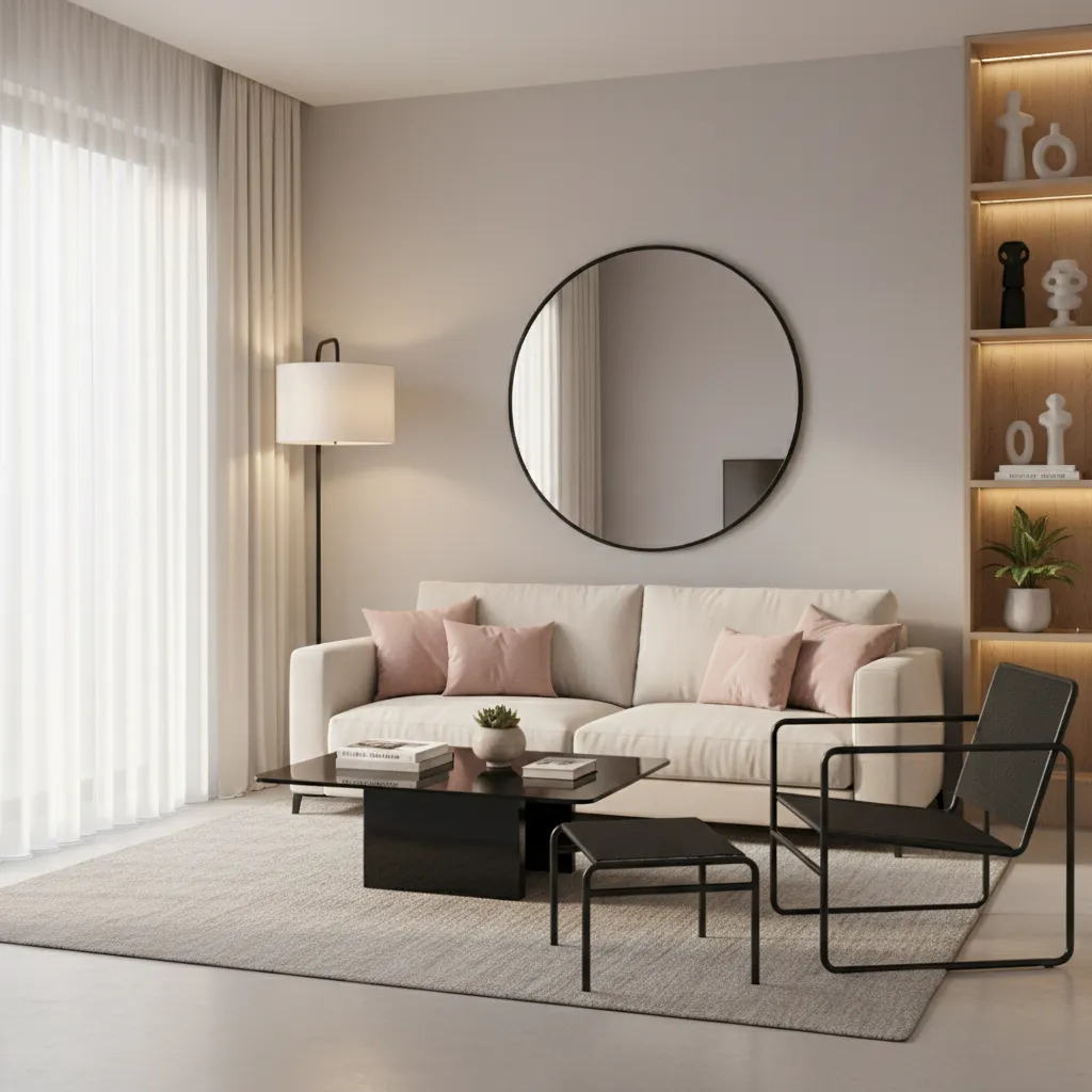 Neutral living room with white sofa pink pillows round mirror black chair and wooden shelves