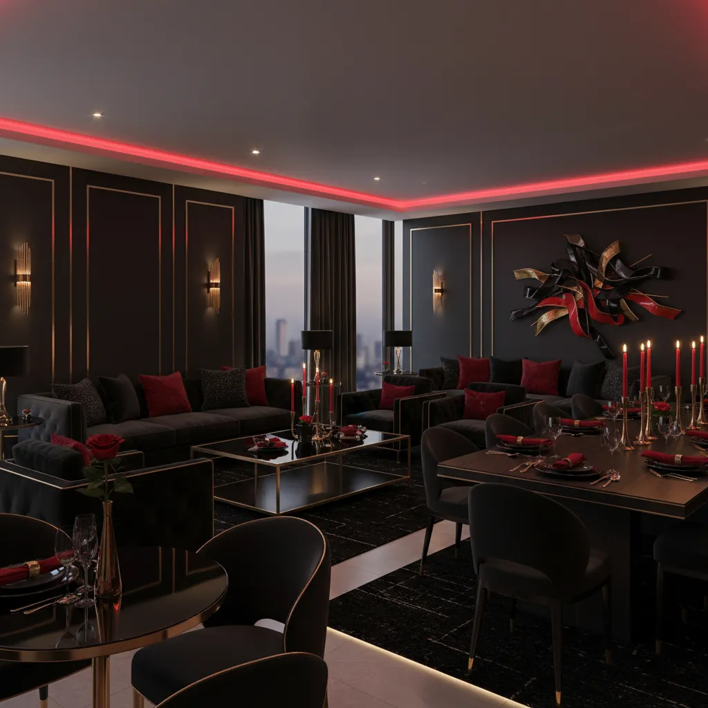 balanced black and red party decorations with lighting and metallic accents