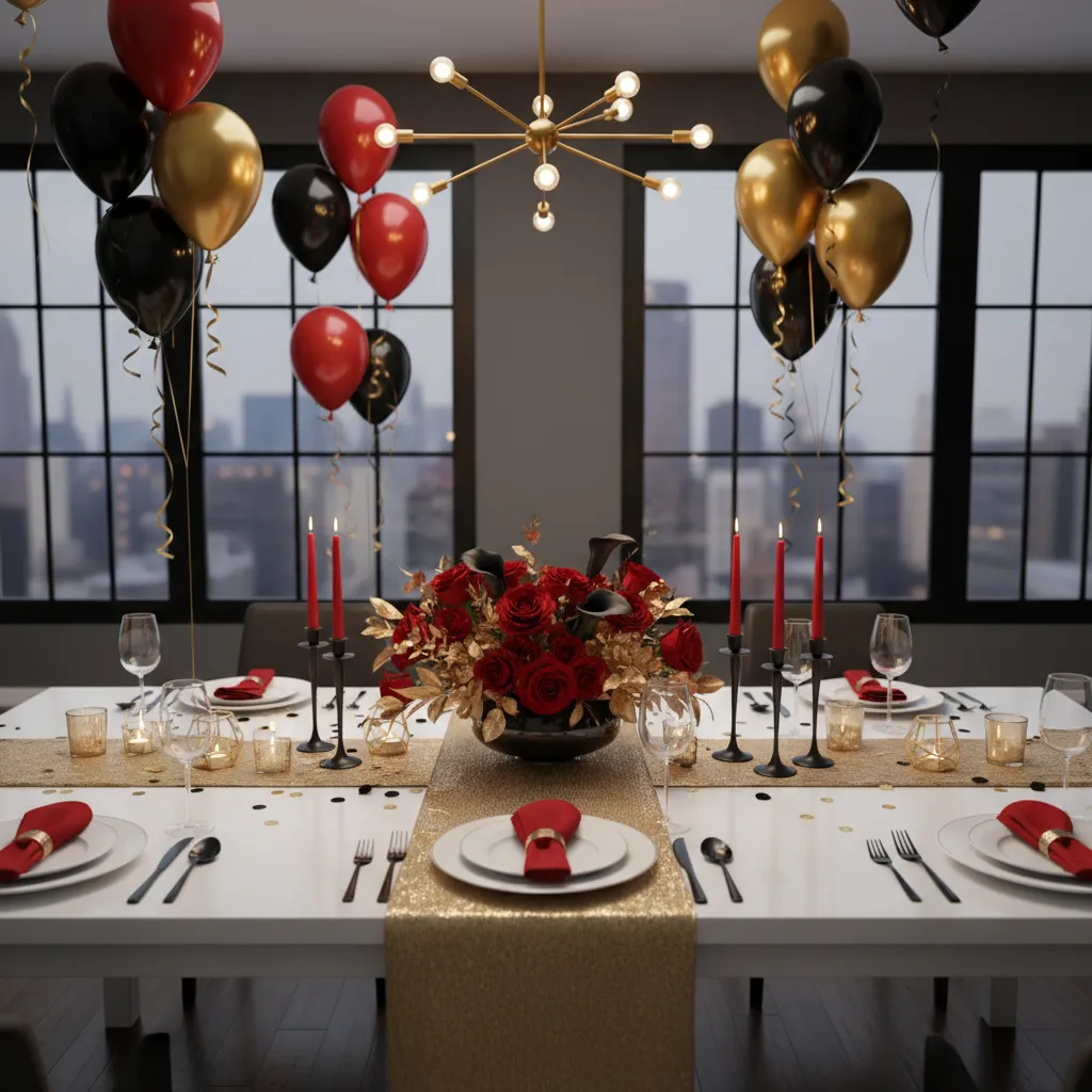 party table with red black and metallic decorations creating contrast
