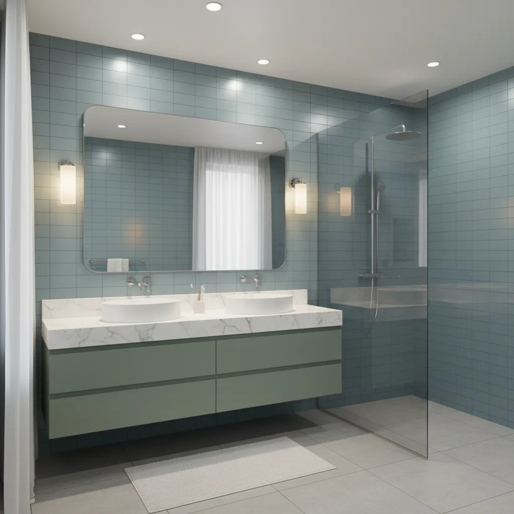 well balanced blue and green bathroom with layered lighting and bright reflective surfaces