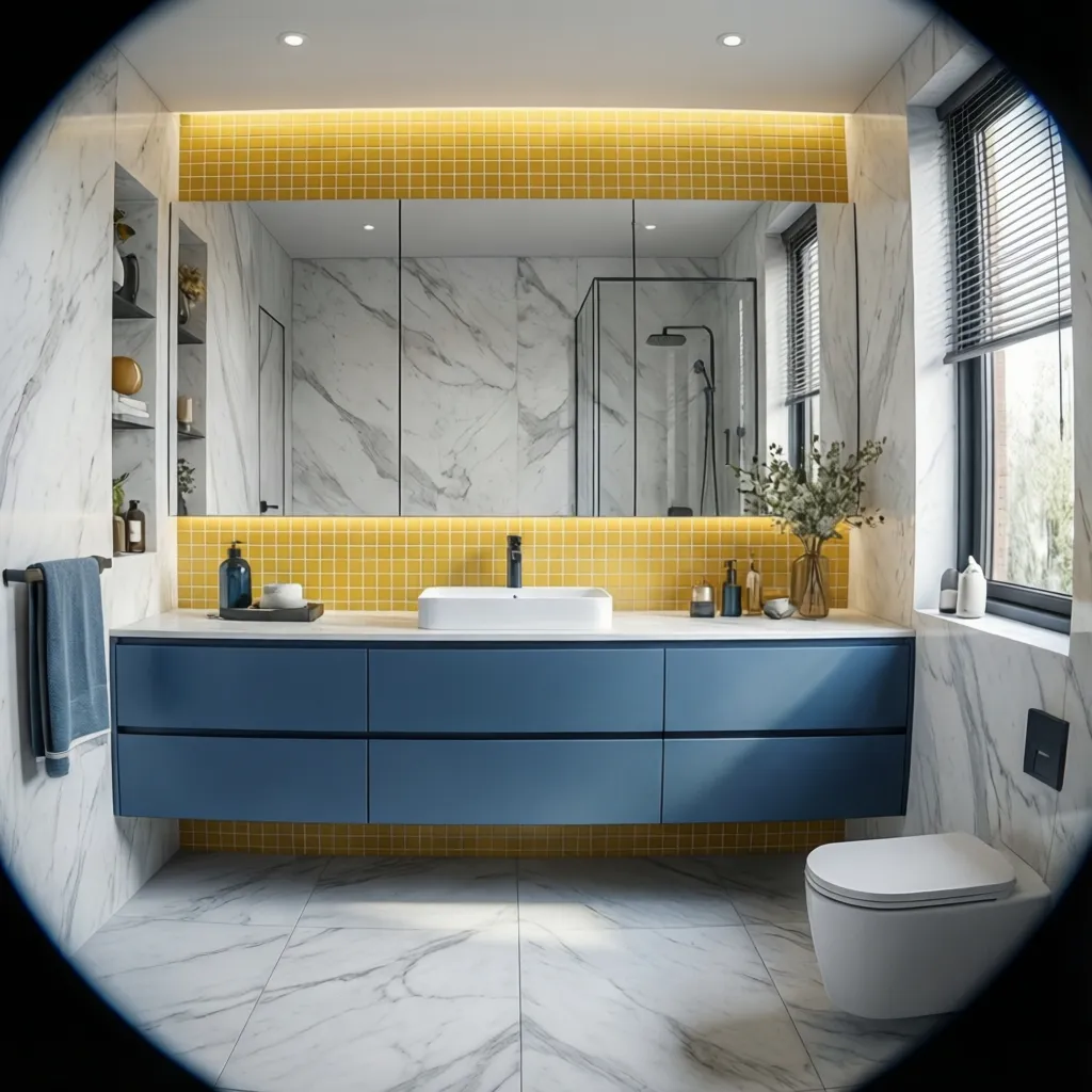 Bathroom layout showing balanced blue vanity and yellow accents