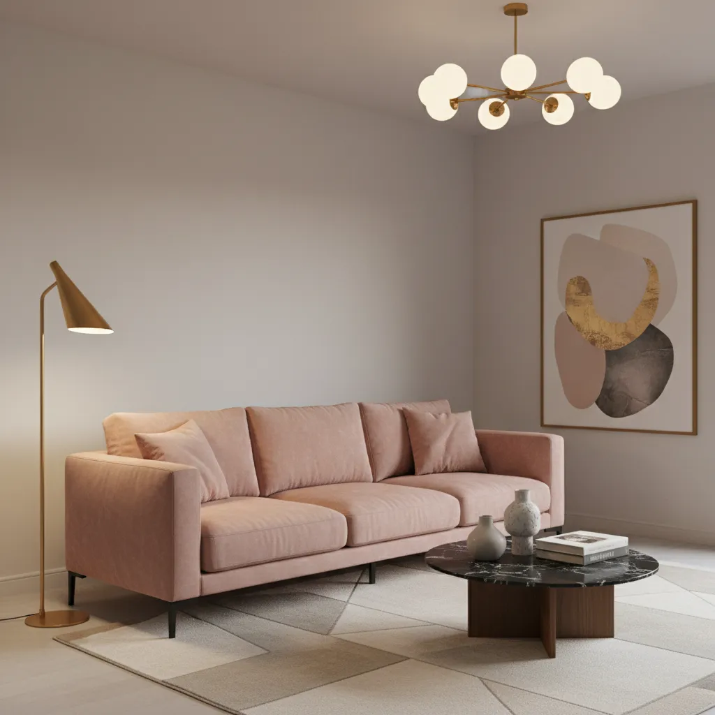 Modern living room with pink sofa, floor lamp, marble coffee table, geometric rug, ceiling light