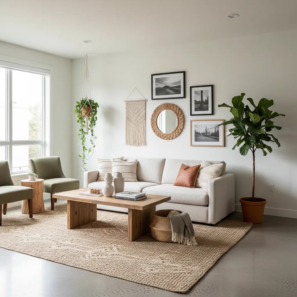 Salón boho chic equilibrado con sofá neutro, alfombra grande y plantas