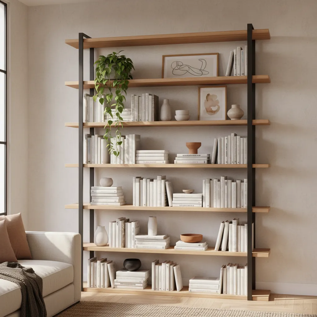 balanced bookshelf styling with books decor and empty space