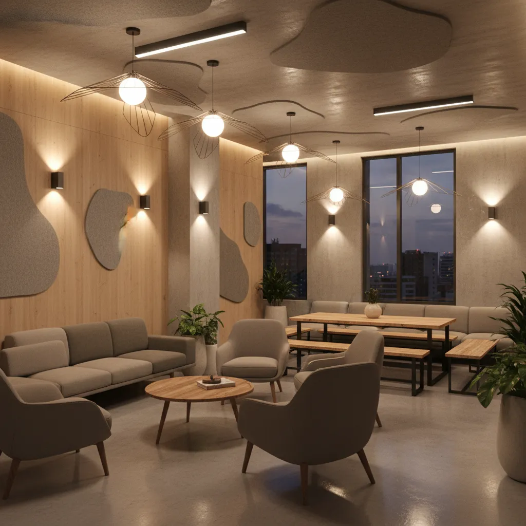 Comfortable office break room with layered lighting and warm color temperature