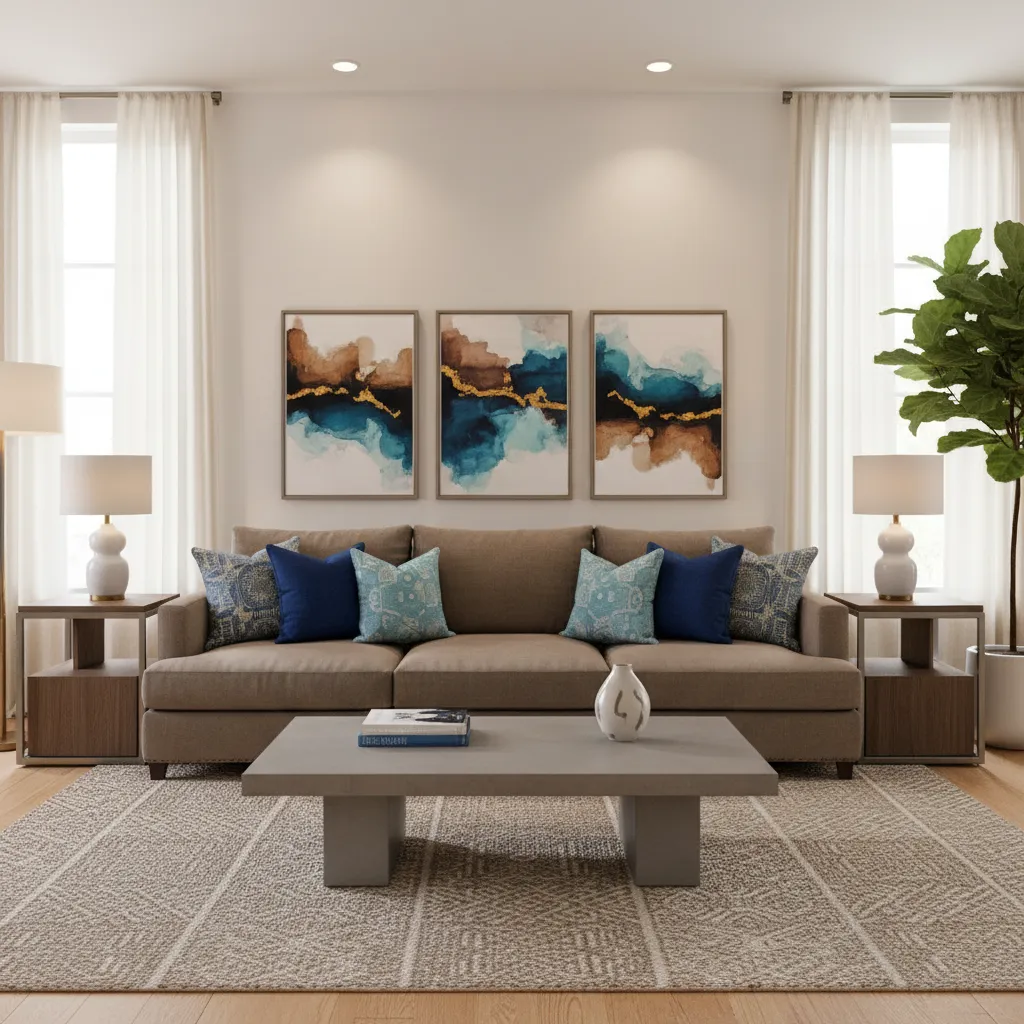 brown sofa with blue pillows and neutral rug balancing blue walls