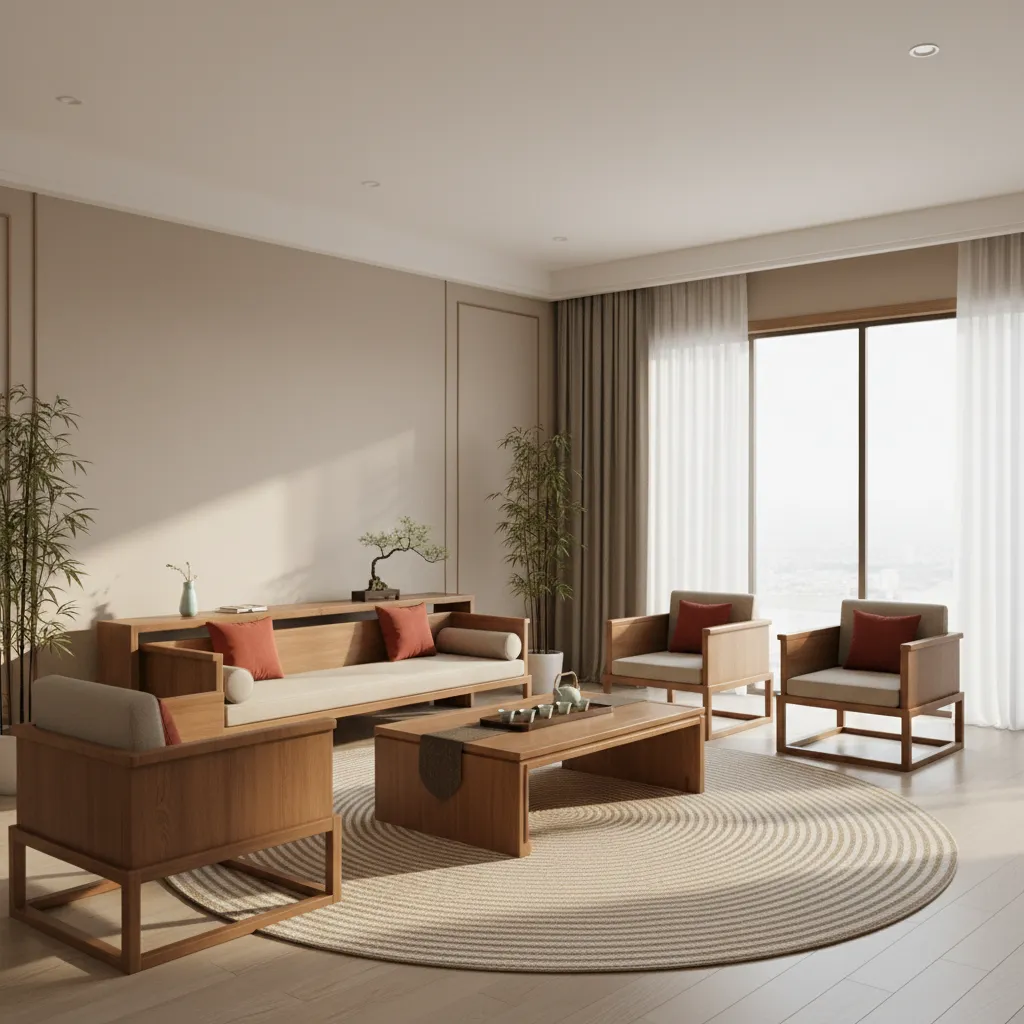Chinese living room with neutral palette wood furniture and small red accents