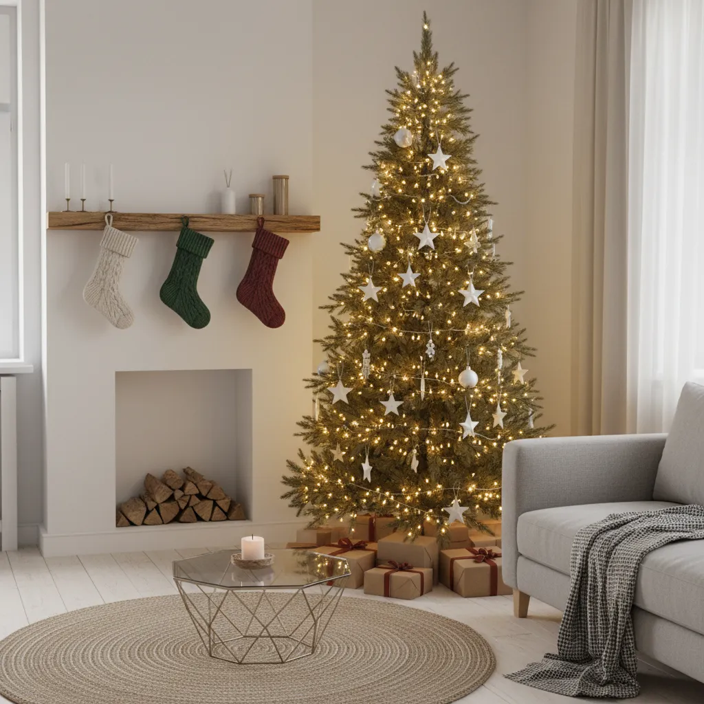 Cozy corner with lit Christmas tree grey sofa glass coffee table and three colorful stockings