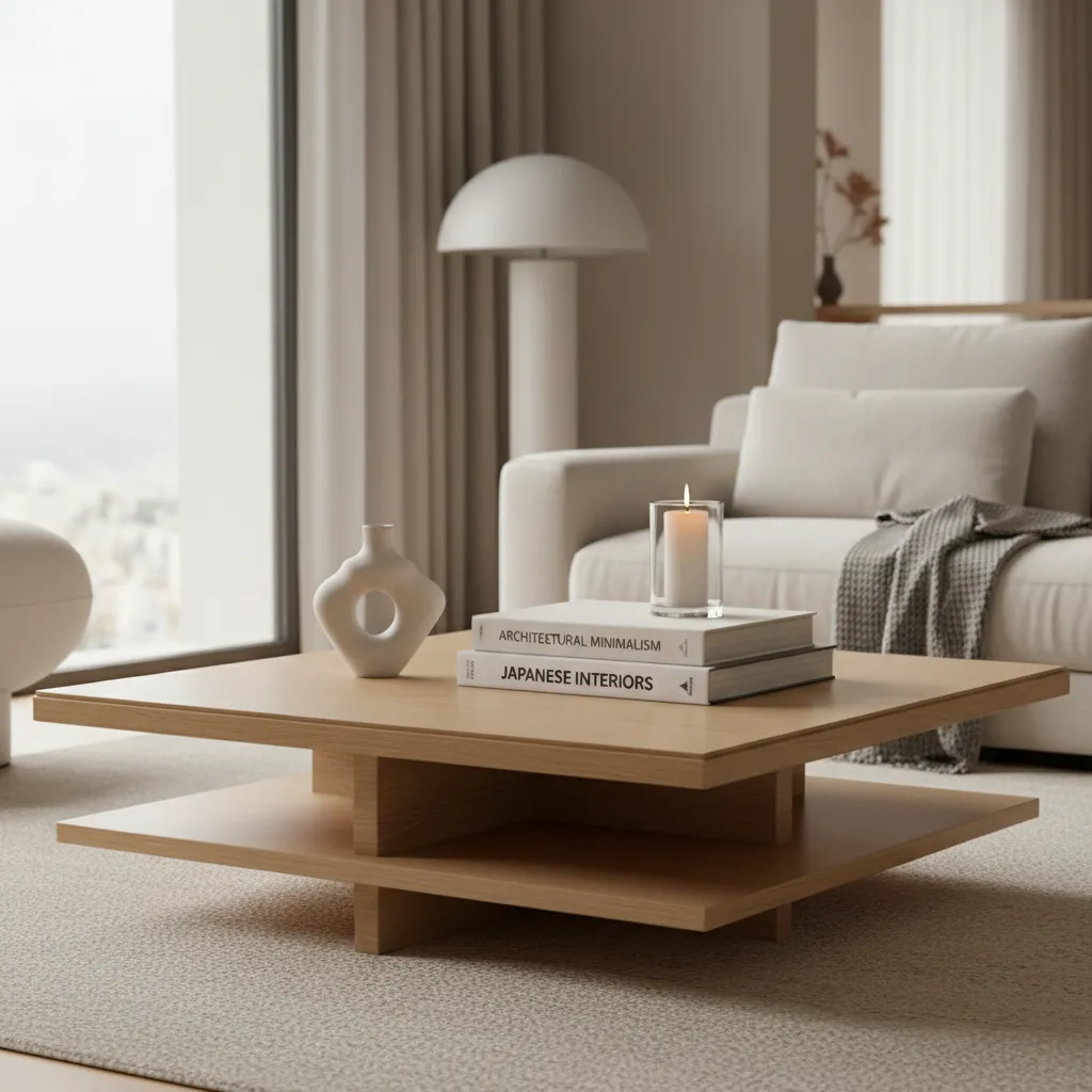 Balanced coffee table styling with statue books and candle