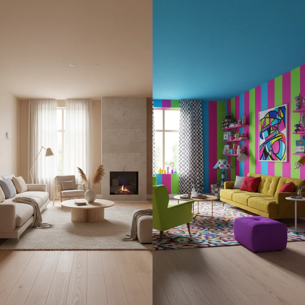 Interior color palette comparison balanced neutral room vs overly colorful space
