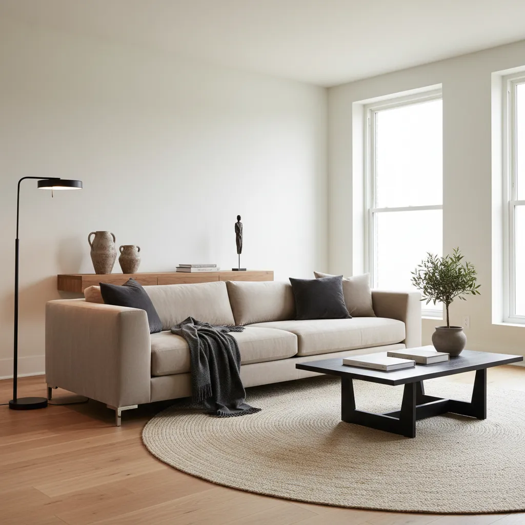 Minimalist living room including a beige sofa black coffee table round rug and floor light