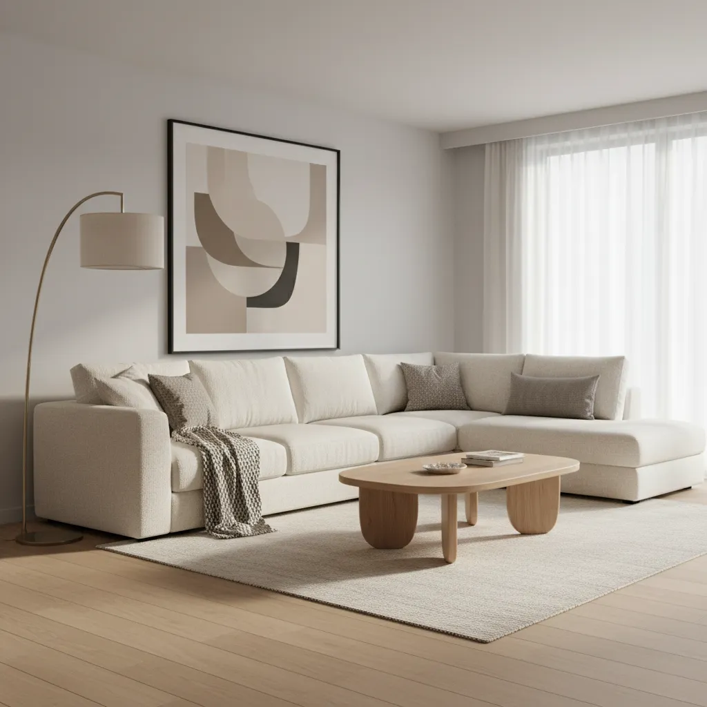 Corner sofa living room with floor lamp wall art and balanced decor