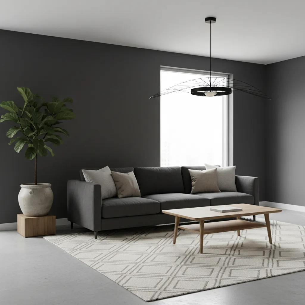Modern living room with dark grey walls grey sofa wooden coffee table white patterned rug