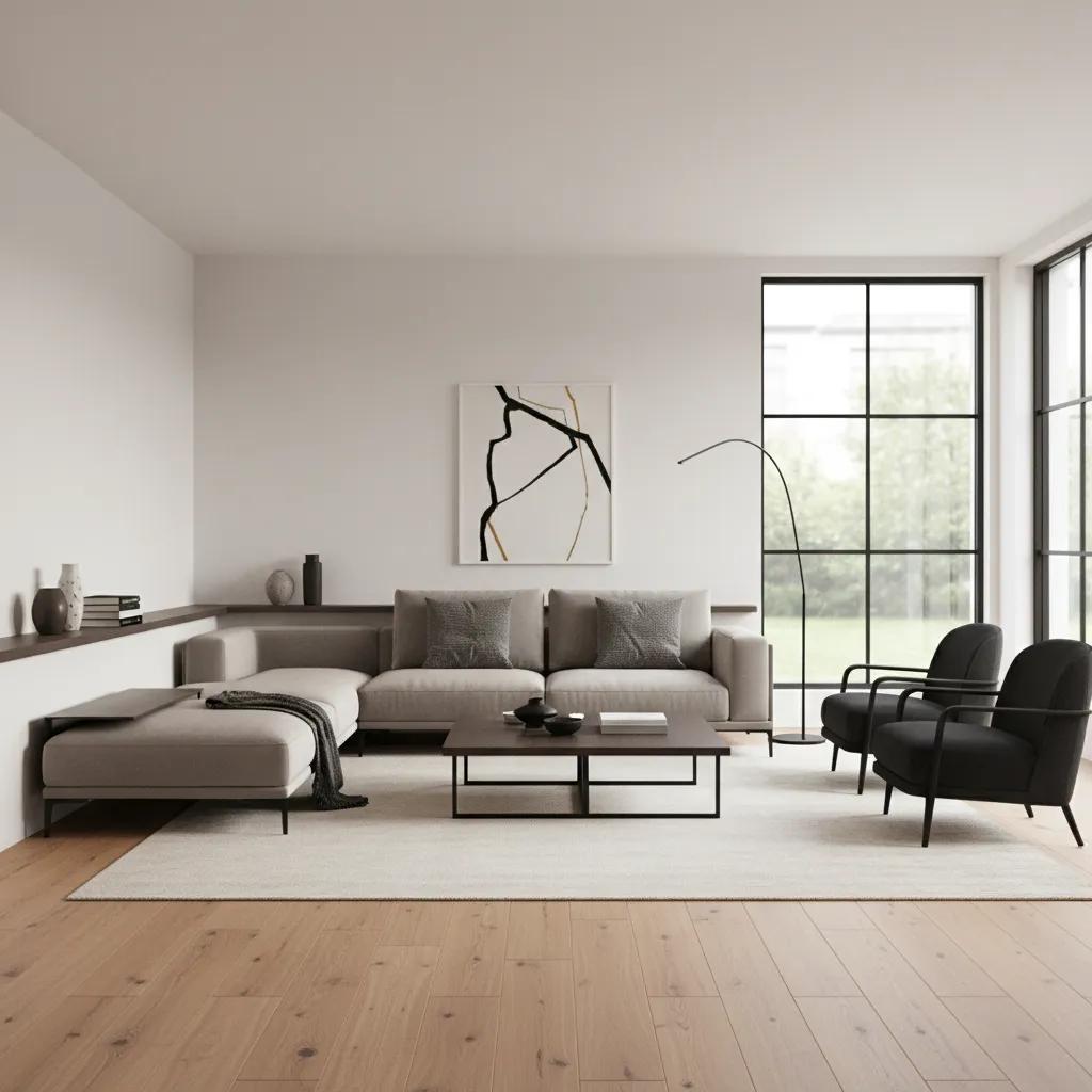 living room interior demonstrating contrast between light walls and dark furniture