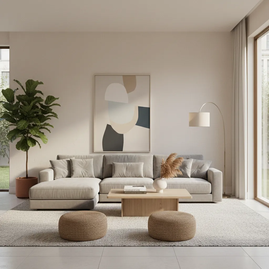 living room showing balanced decor layout with sofa art and plants