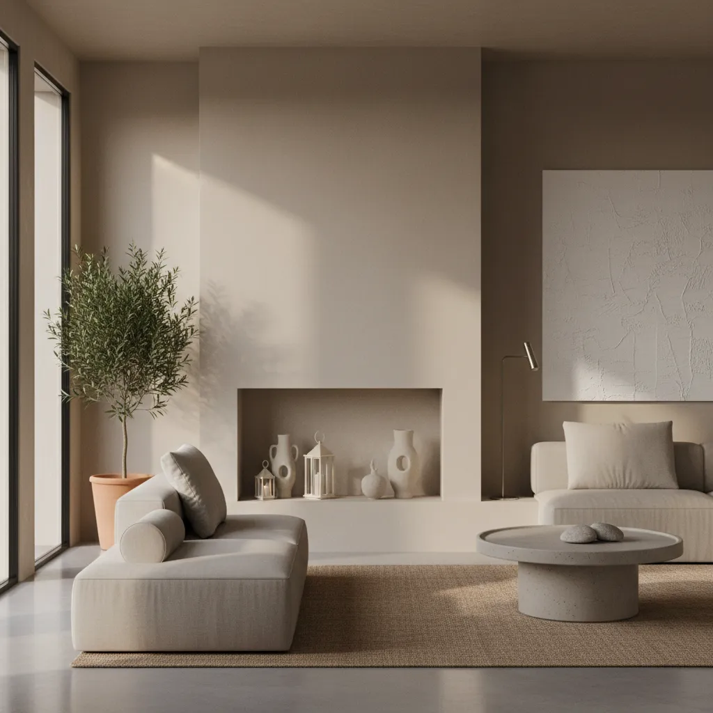 Minimalist decorative fireplace arrangement with lanterns and negative space