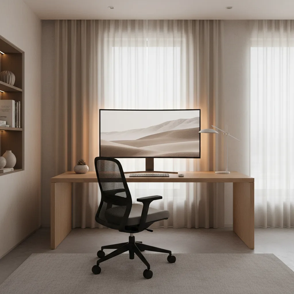 Home office desk with soft ambient lighting behind monitor to reduce eye strain