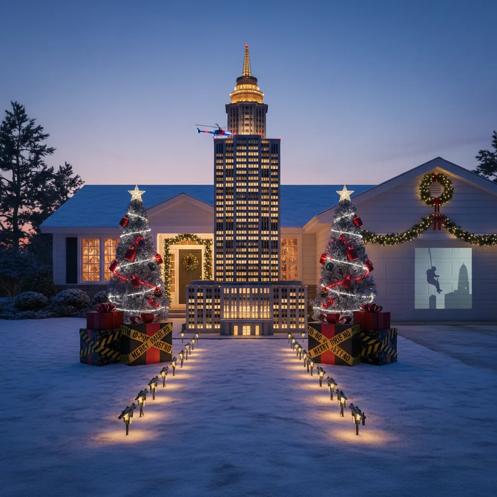 Balanced Die Hard themed Christmas yard layout with scaled building and lighting focus