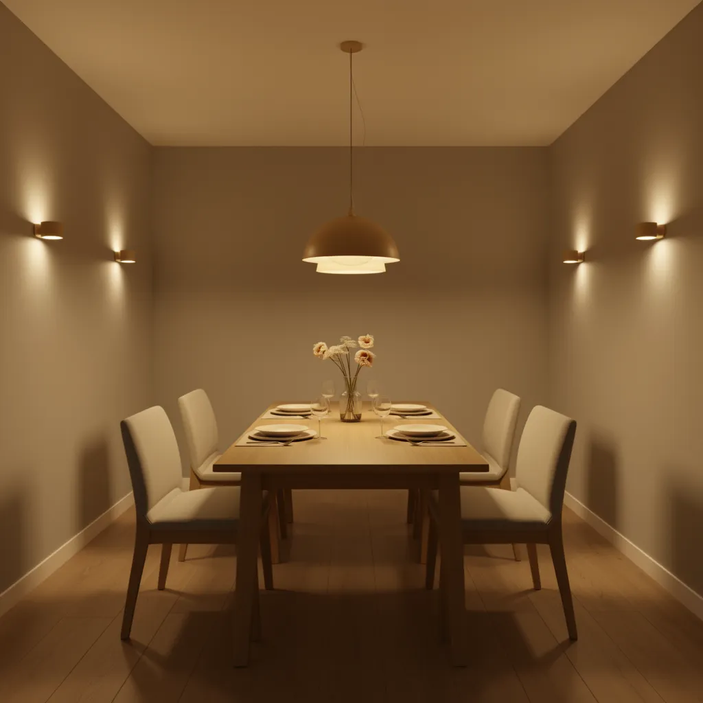 small dining room with pendant light and additional ambient lighting for balance