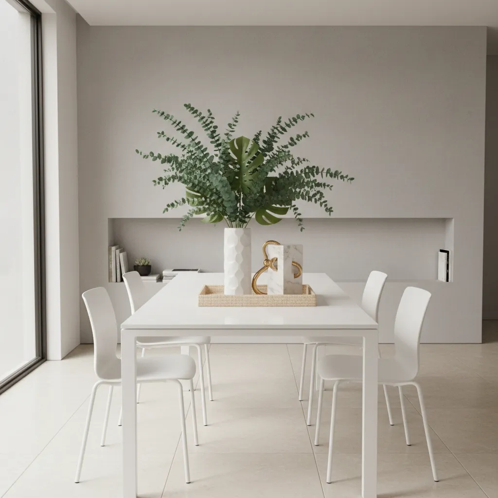 Dining table centerpiece showing tall vase medium decor and tray creating balanced height