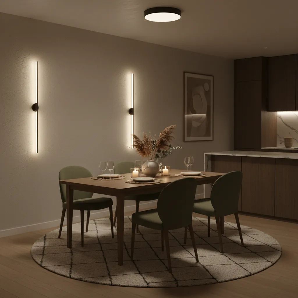 even lighting around a dining table with layered ceiling and wall lights