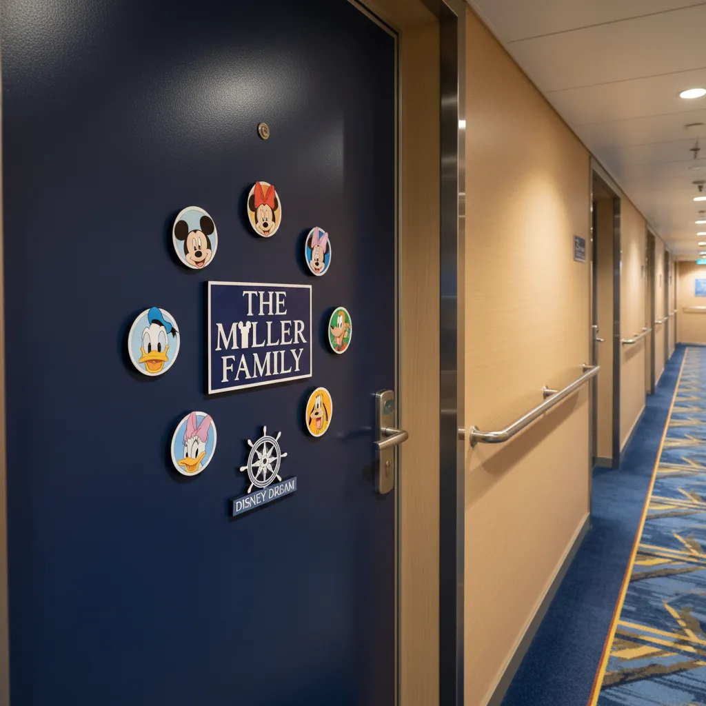 Example of a balanced Disney cruise door decoration layout with magnets