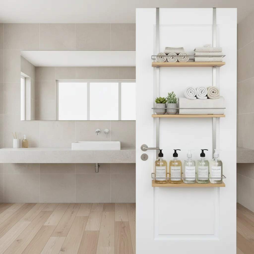 Bathroom organizer shelves showing balanced weight distribution with heavier items at bottom