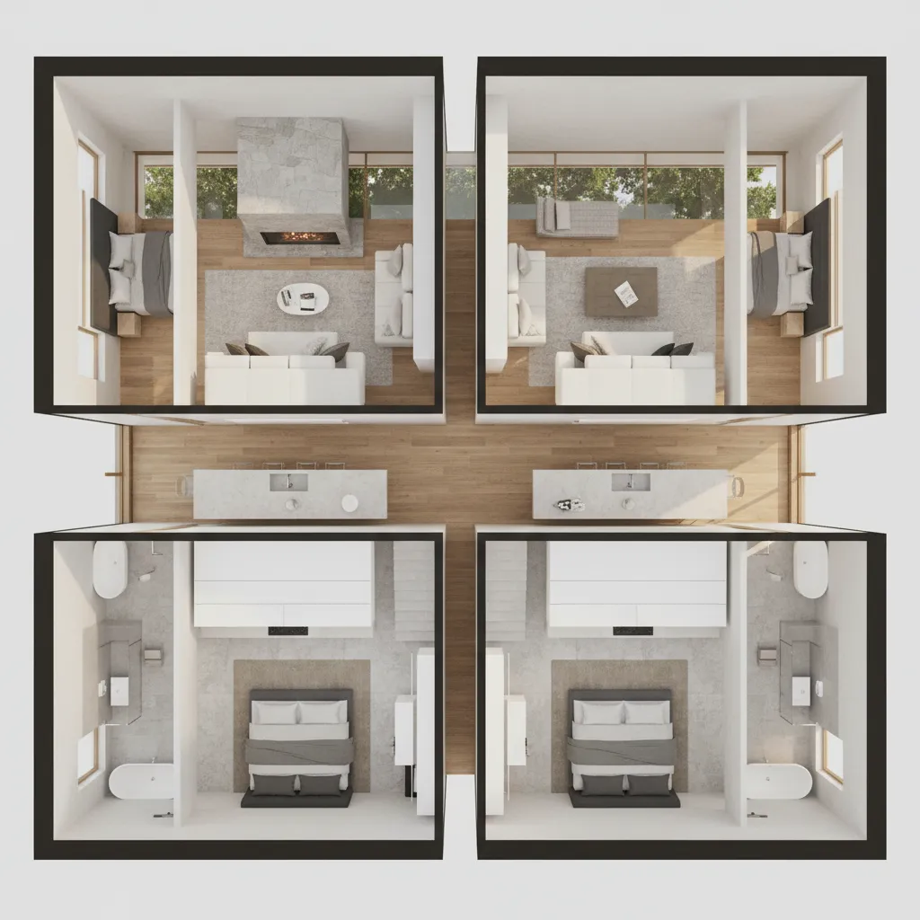 balanced house layout with two master suites and spacious living area