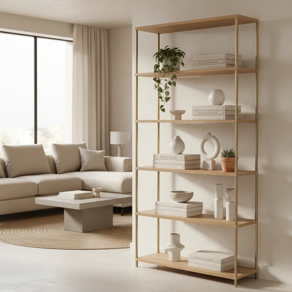Balanced etagere shelves with books plants and decor arranged with negative space