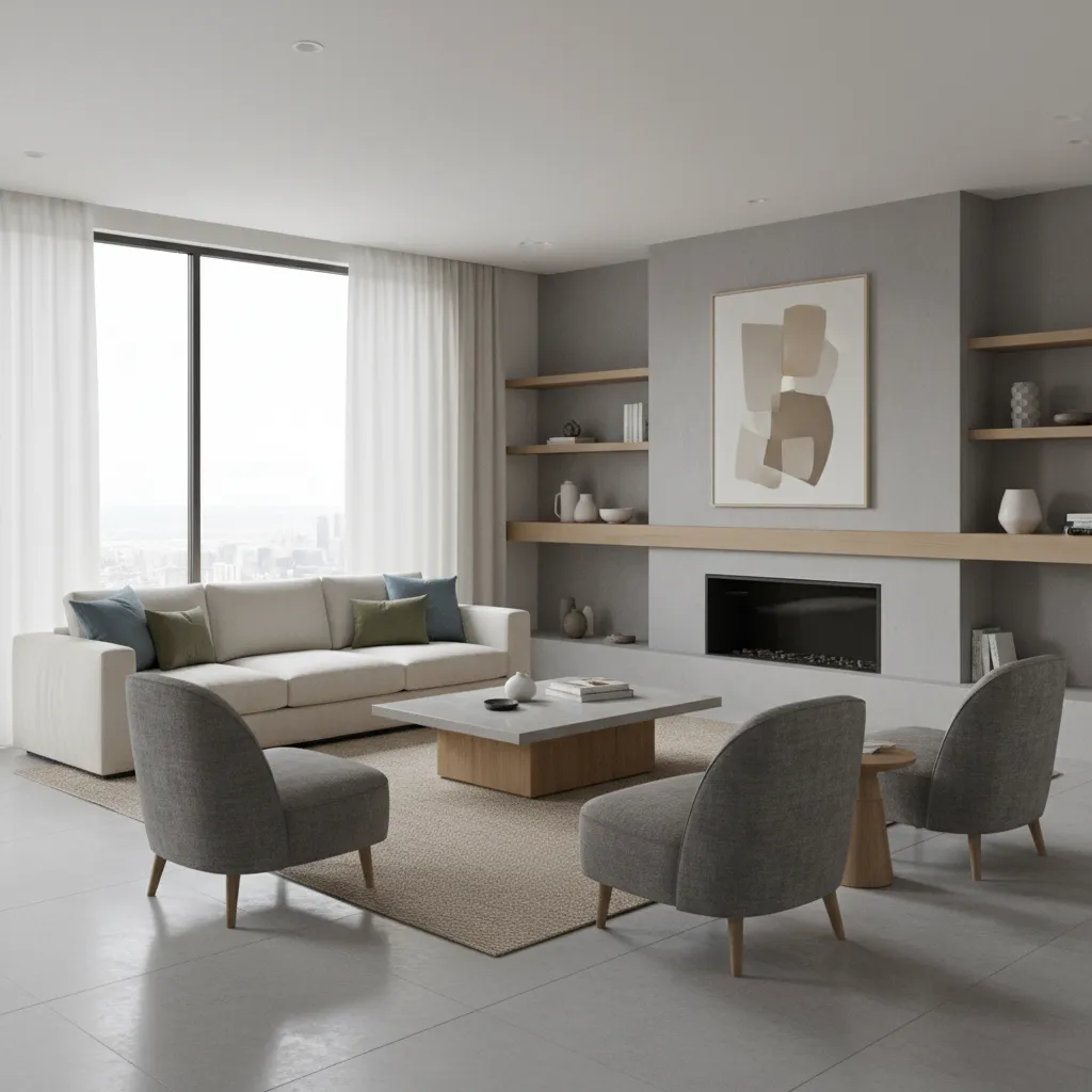 balanced living room with sofa in front of fireplace and chairs creating symmetrical seating area