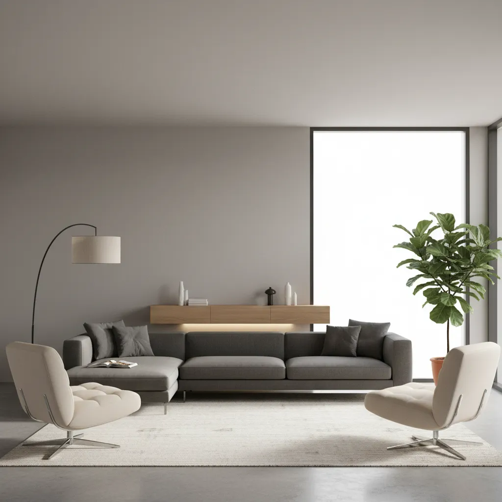 Balanced floating furniture arrangement with sofa, chairs, and console table