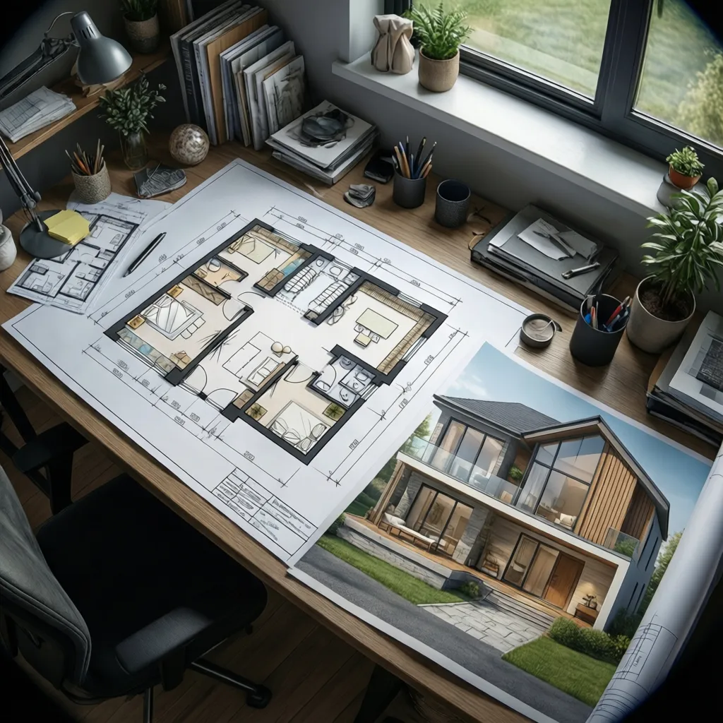 architectural concept showing coordinated floor plan and house elevation for a 2000 sq ft home