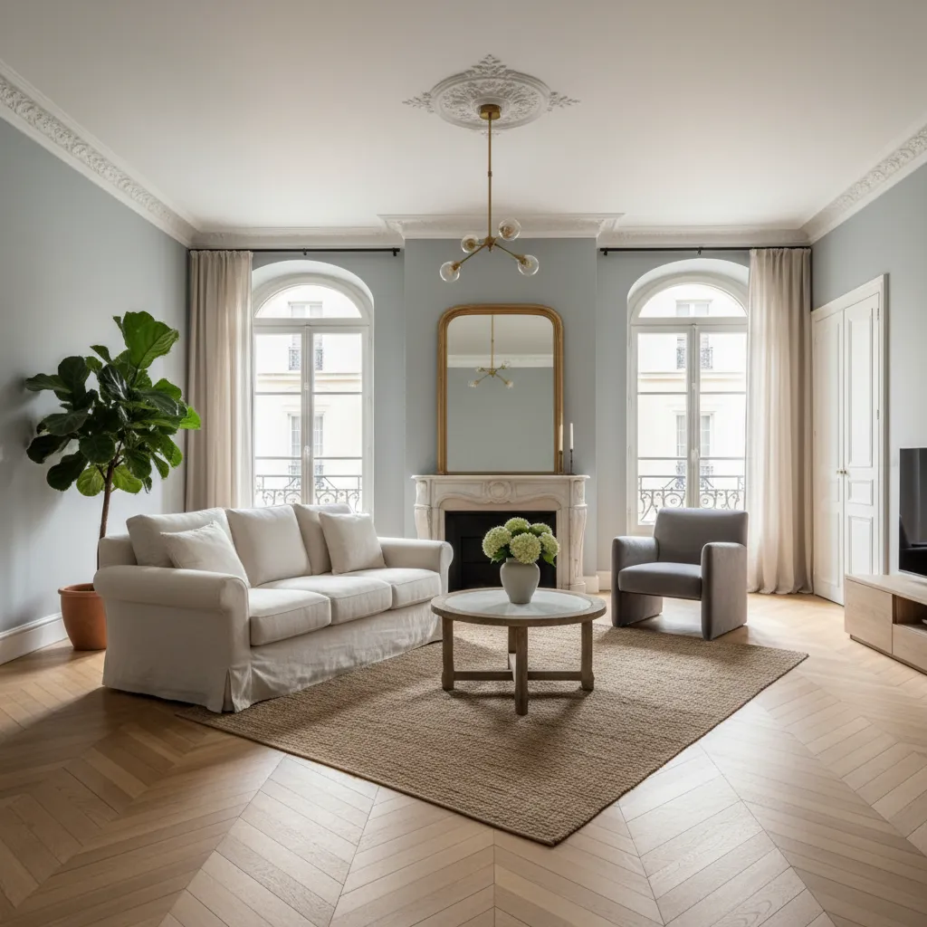 Modern living room with blue walls white sofa grey chair fireplace large mirror and plant
