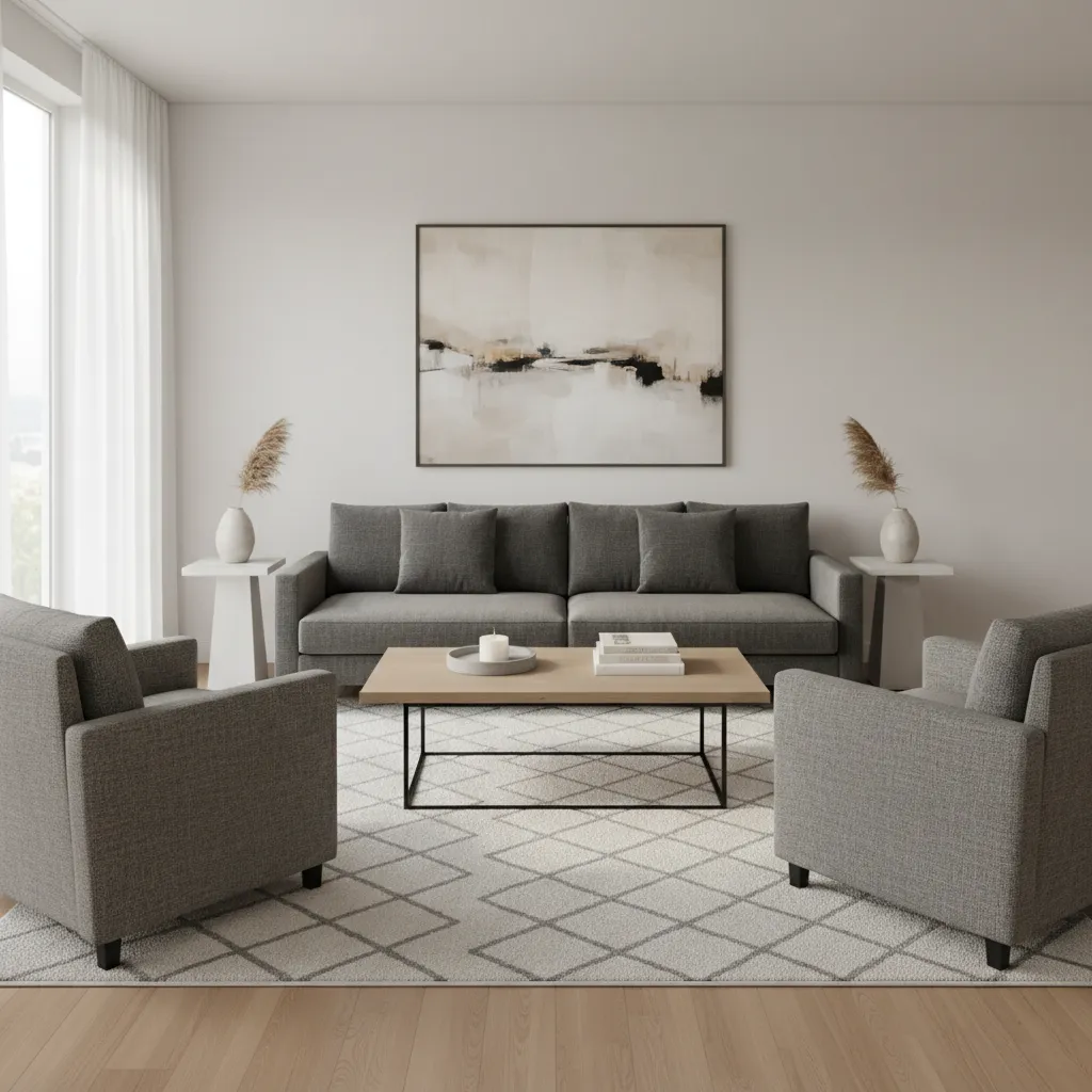 living room furniture arranged around rug with balanced visual weight