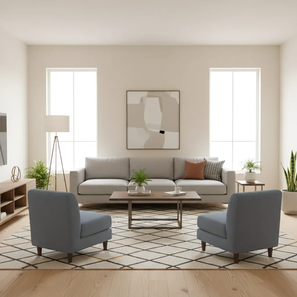 Balanced furniture scale in a rectangular living room layout