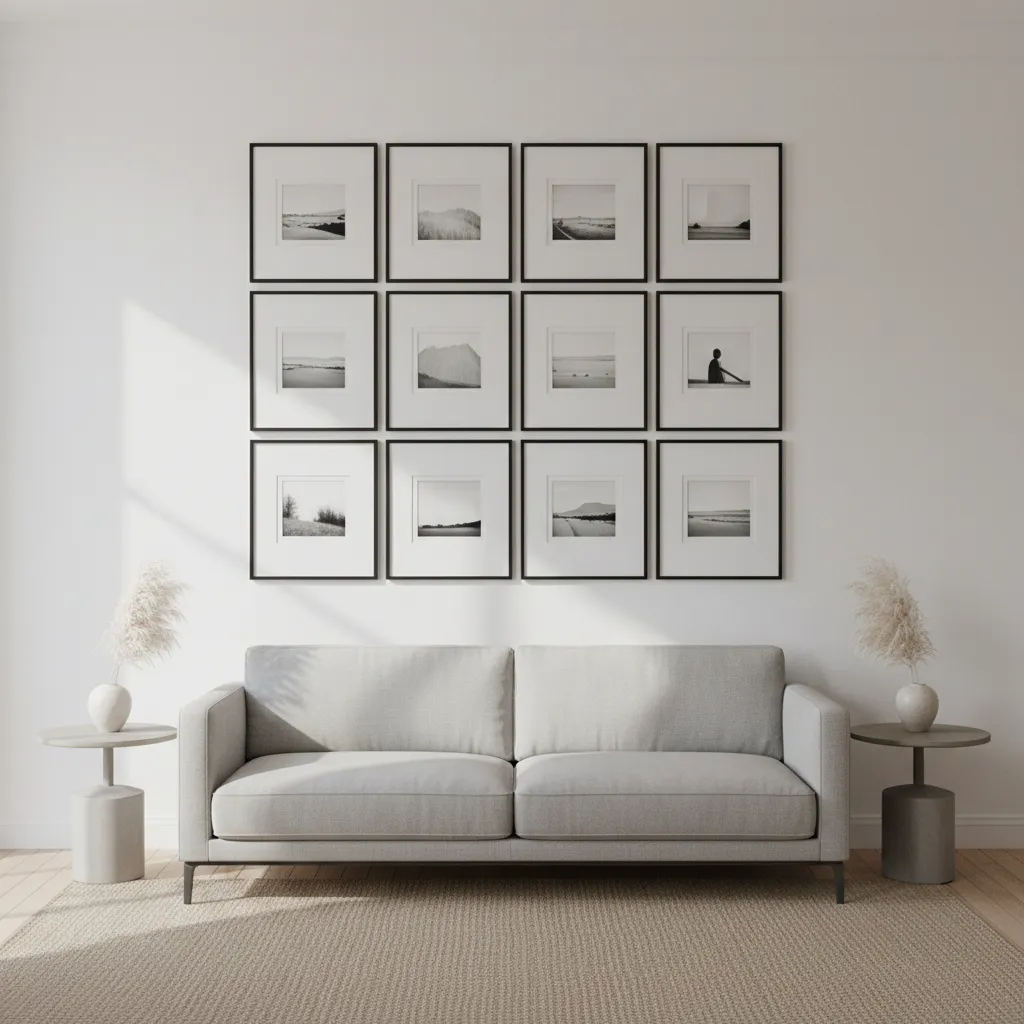 Balanced grid layout of identical picture frames forming a gallery wall