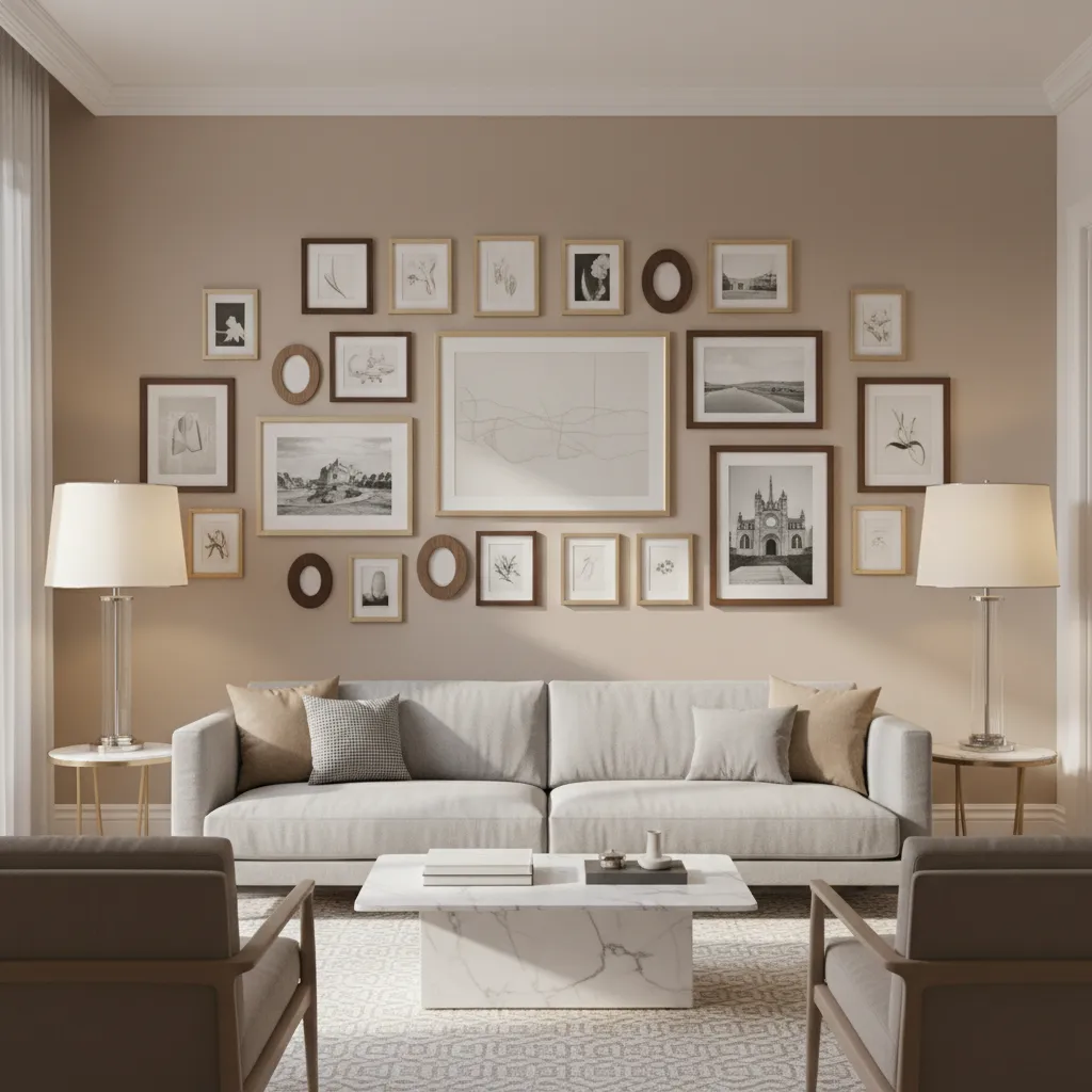 Balanced gallery wall layout with large and small frames evenly distributed