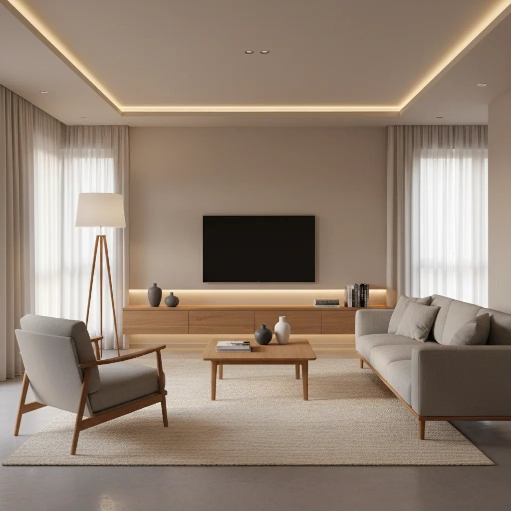 Balanced German interior design with wood textures warm lighting and minimalist furniture