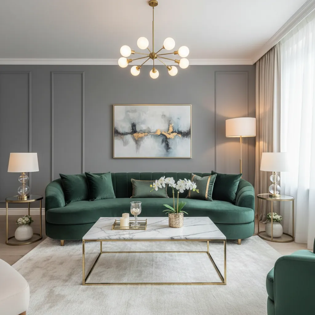 glam interior balanced with velvet sofa matte walls and subtle gold accents