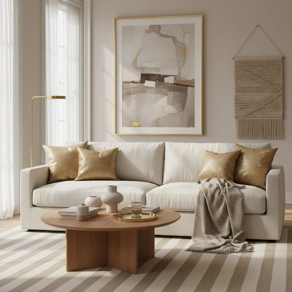 Living room sofa styled with gold pillows balanced by linen throws and neutral textures