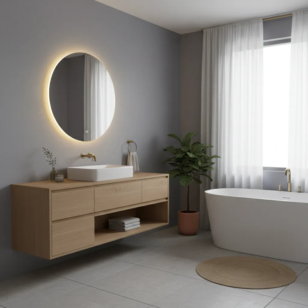 Modern bathroom with gray walls balanced by warm lighting and wood vanity
