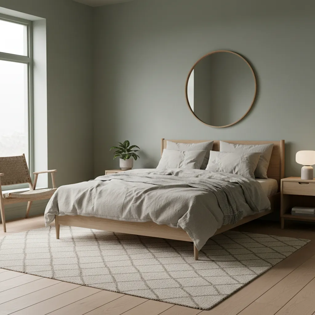 well balanced green bedroom with neutral bedding and natural textures