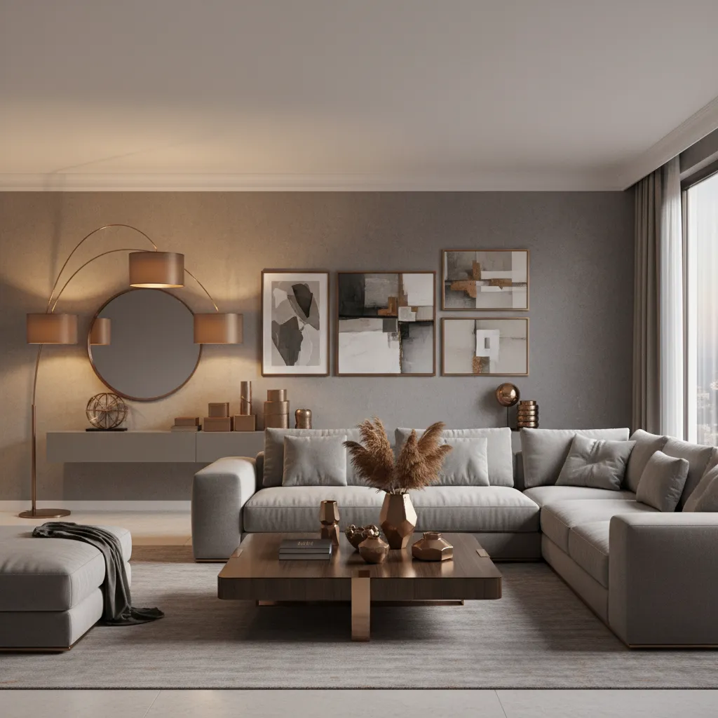 well-balanced grey and bronze living room layout with clustered metallic accents