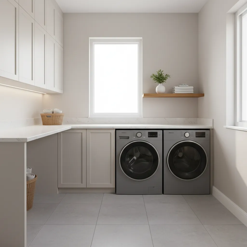 Well designed laundry room with grey appliances wood shelving and warm lighting